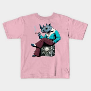 70s rhino Relaxing on steampunk Radio - Unique Digital Art Kids T-Shirt